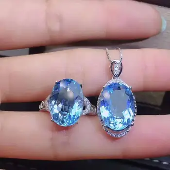 Высококачественное Роскошное кольцо с голубым топазом, кулон и ожерелье из чистого серебра S925, изысканные Модные свадебные украшения для женщин MeiBaPJ FS