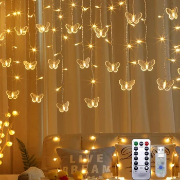 Гирлянды для занавесок с бабочками, 120 светодиодных гирлянд с питанием от USB, 8 режимов и дистанционное управление для рождественского декора