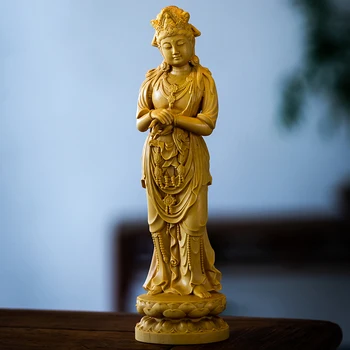 Деревянная статуя Гуань Инь династии Тан, статуя Гуань Инь цветочная основа Резьба по дереву Деревянная статуя Будды Скульптура ручной работы