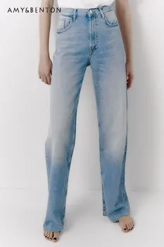 Европейская и американская женская одежда, весенние Новые джинсовые брюки в уличном стиле, универсальные повседневные джинсы с высокой талией и широкими штанинами