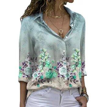 Женская блузка с цветочным принтом и отложным воротником, топы 2023, Весенняя модная рубашка свободного кроя с длинным рукавом и принтом, женские блузки