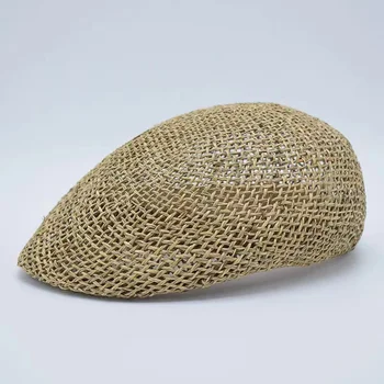 Женская летняя тонкая соломенная кепка ручной работы, кепка газетчика, Регулируемый веревочный вязаный берет, Сетчатая Дышащая пляжная соломенная шляпа