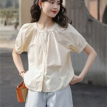 Женская рубашка с короткими рукавами в стиле французского ретро, лето 2023, маленький свежий кружевной топ с круглым вырезом, дизайнерский стиль, нишевая рубашка, блузка, женские топы