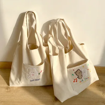 Женская холщовая сумка-тоут с милым вышитым медведем, пляжные сумки с рисунком кавайного кролика для студенток колледжа