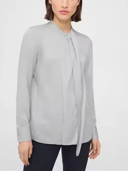Женская шелковая рубашка с бантом и лентой, однотонная универсальная 2023, весна-лето, однобортная офисная женская блузка с длинным рукавом