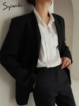 Женские костюмы Syiwidii, Весна 2023, Новый Офисный женский Черный Блейзер на одной пуговице с длинным рукавом, пальто, Костюмы с высокой талией, Брюки