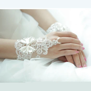 Женские свадебные перчатки из бисера и кружева цвета слоновой кости без пальцев короткой длины для новобрачных