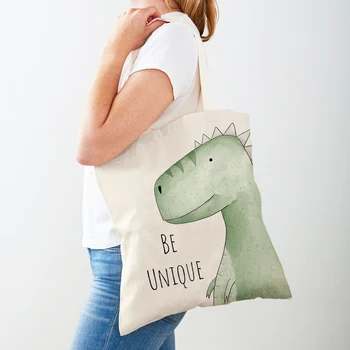 Женские сумки для покупок с мультяшным животным динозавром, двусторонняя сумка на плечо, складная многоразовая повседневная холщовая женская сумка для покупок