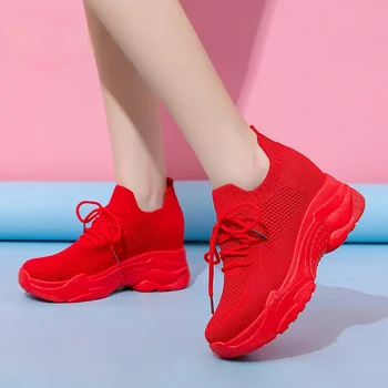 Женские туфли на танкетке, белые, красные кроссовки, уличная дышащая повседневная обувь из сетки, женская обувь для ходьбы, теннисная женская обувь 2021