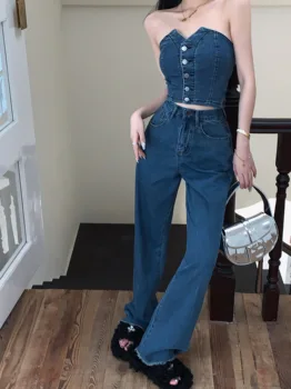 Женский летний джинсовый комплект из 2 предметов, короткие топы без бретелек и пуговиц, свободные широкие джинсы, уличная одежда, костюм-двойка