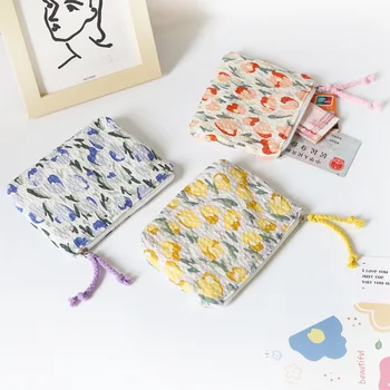Женский мини-кошелек с цветочным принтом в японском стиле, хлопковый кошелек для мелочи, милый маленький кошелек для девочек, Квадратный мешочек для монет, косметичка для хранения косметики