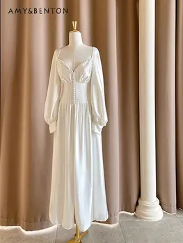 Женское весеннее новое высококачественное женское платье с открытой спиной, богиня темперамента, уникальное белое платье с длинными рукавами для женщин