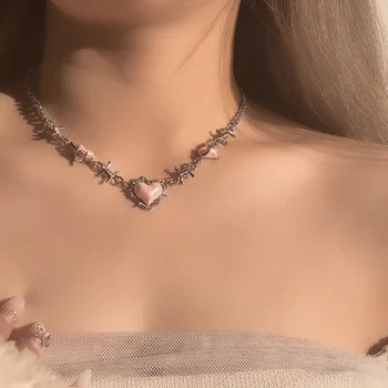 Женское ожерелье с розовыми сердечками, винтажные милые модные ожерелья в готическом корейском стиле Harajuku, ювелирные аксессуары