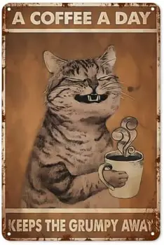Забавные Кухонные Вывески Настенный Декор Kitty Coffee Sign A Coffee A Day Kepps The Grumpy Away Винтажная Жестяная Вывеска Металлические Украшения 8 x 12