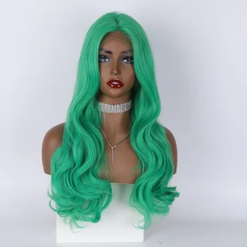 Зеленый цвет 30 Дюймов Синтетический Объемный парик с волнистостью 13x4 на кружеве спереди, Термостойкий, 180 Плотность, Парики для косплея Трансвеститов для женщин, OLEY