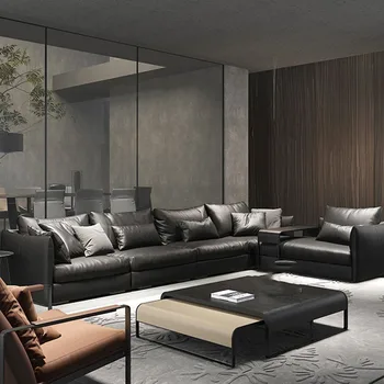 Итальянский кожаный диван высокого класса, минималистичная легкая роскошная мебель для гостиной из натуральной кожи с деревянным слоем кожи