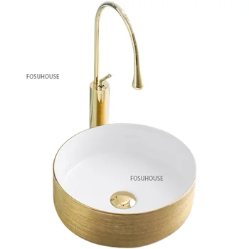 Керамический круглый настольный умывальник современные раковины для ванной комнаты Бытовые Золотые Раковины для ванной комнаты Гостиничный свет Роскошные Раковины для мытья рук