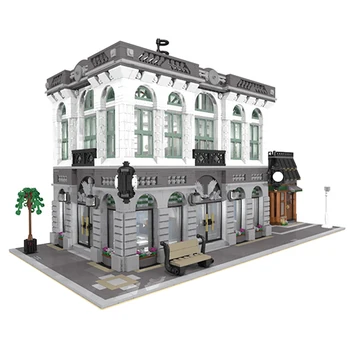 Кирпичный банк с видом на улицу MOC City со строительными блоками для кофейни, модульная коммерческая модель уличной архитектуры, подарок детям на День рождения