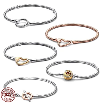 Классический женский браслет из стерлингового серебра 925 пробы, розовое золото, браслет с пряжкой в форме сердца, оригинальный дизайн, шарм, подарок 