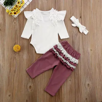 Комплект одежды для маленьких девочек, белое боди с оборками, ползунки с длинным рукавом, брюки, Леггинсы, повязка на голову, одежда для новорожденных 3-24 м