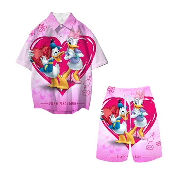 Комплект рубашек Disney с Микки Маусом и Дональдом Даком, мужская и женская повседневная рубашка с лацканами и коротким рукавом, топы для мальчиков и девочек, детские костюмы с короткими брюками.