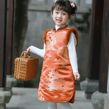 Костюм Чонсам Тан для девочек, Плотная Изящная Новогодняя одежда с вышивкой в виде пейзажа, Детский Жилет, Юбка, Китайский Традиционный костюм