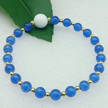 Красивые Круглые бусины из синего сапфира 6 мм и белого нефрита 10 мм, эластичный браслет из 7,5-дюймовых ювелирных украшений в подарок