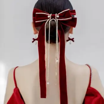 Красная лента-шпилька с большим бантом, головной убор для новобрачных 2023, новое платье, шиньон, заколка для волос