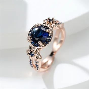 Круглые кольца со звездами из королевского синего камня для женщин, обручальные кольца из розового золота, Обручальное кольцо с цветком Циркона, ювелирные изделия для новобрачных