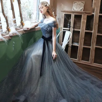 Легкое роскошное синее вечернее платье во французском стиле с открытыми плечами, на шнуровке, с блестками, платье для выпускного вечера, без спинки, с бантом, длинное коктейльное платье для вечеринки