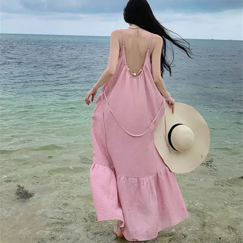 Летнее Новое женское платье на бретельках для пляжного отдыха, расшитое бисером, с открытой спиной, прямое, свободное, однотонное, с оборками, круглым вырезом, женское платье