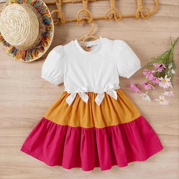 Летнее платье для девочек, детский пуловер маленьких и средних размеров с пышными рукавами и бантом, вечерние платья в тон для младенцев