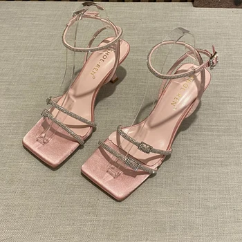 Летние вечерние женские босоножки на низком каблуке с кристаллами, модные шлепанцы с пряжкой, новинка 2023 года, пикантная женская обувь, дизайнерские тапочки, женские Zapatos