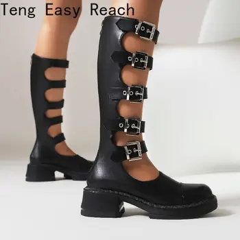 Летние женские крутые ботинки на платформе, сапоги до середины икры на толстом каблуке, женские крутые туфли в стиле панк в готическом стиле, черные туфли с пряжкой, женские высокие сапоги