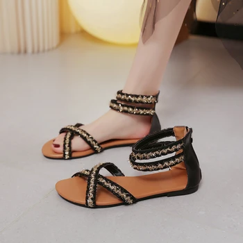 Летняя женская обувь на плоской подошве в богемном римском стиле с плоской задней молнией, повседневные женские сандалии, праздничные пляжные сандалии De Mujer 2023