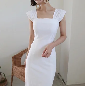 Летняя юбка средней длины в корейском стиле с летящими рукавами, длинное платье Макси-платья, белое простое облегающее платье для вечеринки для вечеринок
