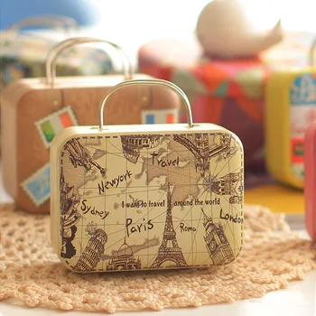 Мини-чемодан с ручкой для свадебных подарков, Металлическая коробка для хранения конфет Европейского типа, Переносной контейнер для путешествий с принтом в виде конфет и шоколада