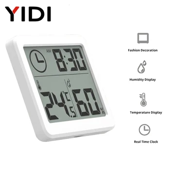 Многофункциональный термометр-гигрометр с ЖК-экраном, Автоматический электронный датчик температуры и влажности, часы-детектор 3,2 дюйма