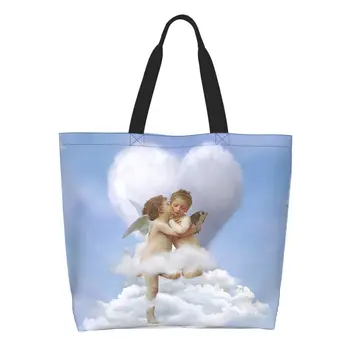Модная сумка с принтом облаков, поцелуев ангелов, сумка для покупок, Моющаяся холщовая сумка для покупок, сумка в стиле Ренессанс с Херувимом