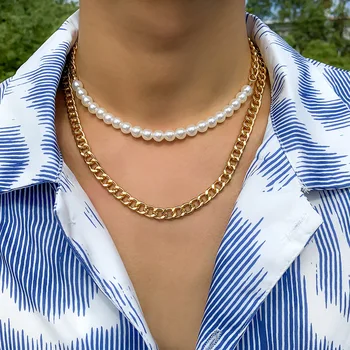 Мужская цепочка-ошейник в стиле ретро с простым жемчужным соединением, двухслойное ожерелье