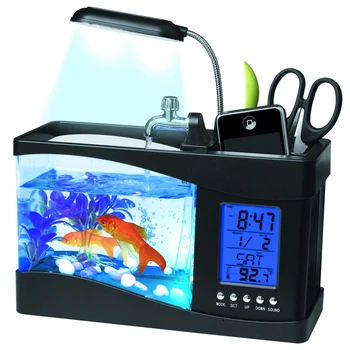 Настольный USB Мини-аквариум с аквариумным стеклом, ЖК-таймер, Часы, Светодиодная лампа, светодиодный Аквариумный аквариум, Будильник, Черный / белый