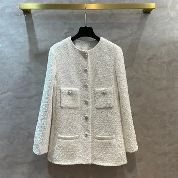 Новое высококачественное твидовое пальто средней длины, белая блузка, куртки