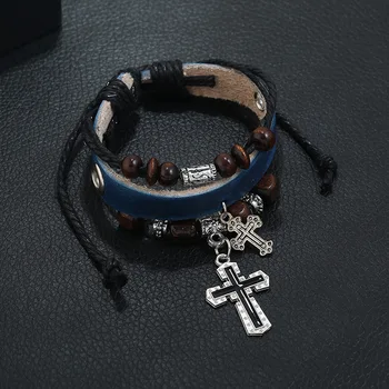 Новый браслет с крестом, персонализированный браслет из многослойной воловьей кожи, расшитый бисером, простой кожаный браслет в стиле ретро для мужчин и женщин