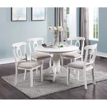Обеденный стол из 5 предметов, круглый стол, 4 боковых стула, Тканевая обивка сидений, мебель из прорезиненного дерева