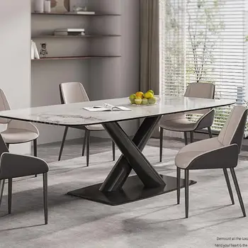 Обеденный стол из итальянского камня, Каркас из черной углеродистой стали, Комбинация стульев на шесть мест, Белая Минималистичная Прямоугольная мебель для обеденного стола