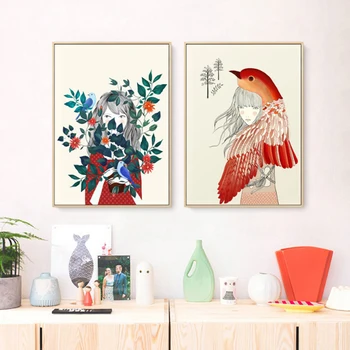 Плакат в скандинавском стиле, Олень, птица, цветочница, картина на холсте, настенное искусство, картинка для гостиной, украшение дома для девочек, комикс