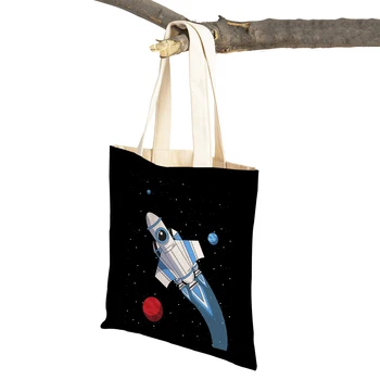 Планета Ракета космический корабль Sky Star Nursery Space Женские сумки для покупок многоразового использования с двусторонним принтом Повседневная холщовая сумка для покупок Тотализатор