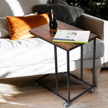 Приставной столик С-образной формы, Винтажный диван-кушетка на колесиках, Промышленная прикроватная тумбочка с металлическим каркасом для гостиной