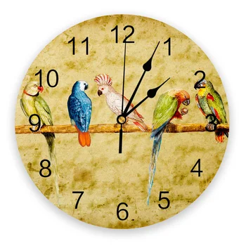 Птицы Попугай Ретро Часы Домашний декор гостиной Большие Круглые Настенные часы Немой Кварцевый Настольный Часы Украшение Спальни Настенные часы