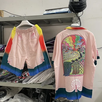 Розовая пляжная рубашка Rainbow Casablanca для мужчин и женщин, гавайские рубашки высшего качества, футболка